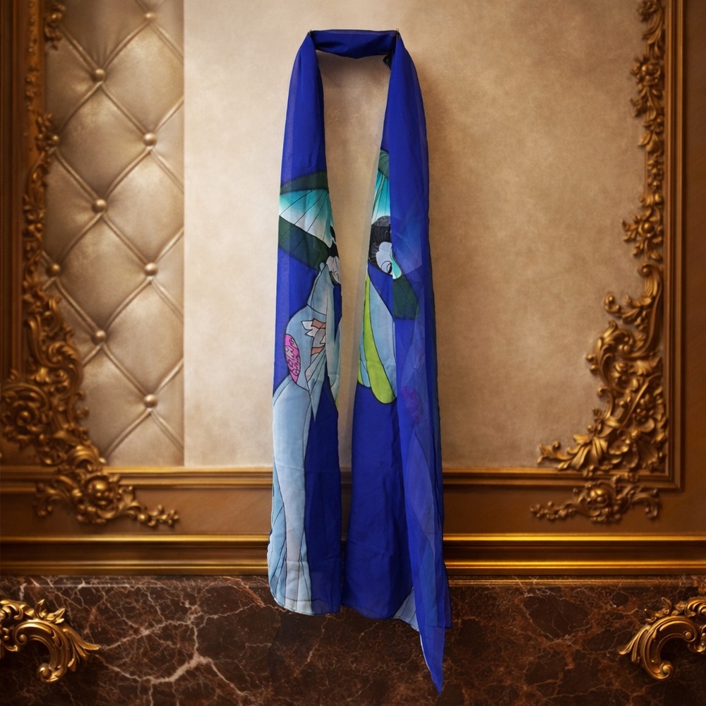 Blue Sheer Scarf Geisha Umbrella Print Long 72” Japanese Art Statement Wrap